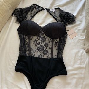 Super down black lace bodysuit